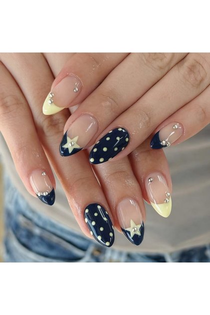 Style 1 24pcs French False Nails Star Prints Blue Yellow Colorful Polka Dot Press on Nails Nail Tips