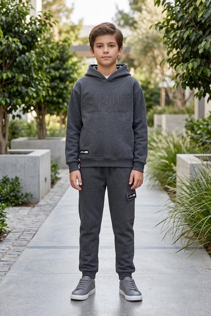 Boy's Hooded Printed Tracksuit Set with Pocket Detail