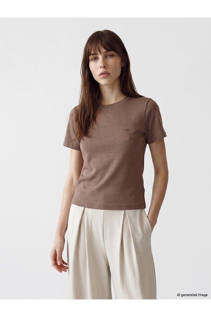 Two Mt Shop Quality Brown Diver Fabric Embroidered Narrow & Slim Short Sleeve Women's T-Shirt