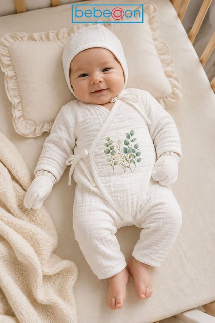 3 Piece 100% Cotton Muslin Ecru Bohemian Leaf Printed Double Breasted Hospital Discharge Set 0-3 Months