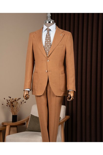 Slim Fit Men's Mono Collar Bag Pocket Linen Fabric Jacket Pants Suit Camel T20111-11