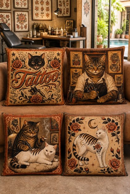 Tattoo Artist Cat Patterned 4-Piece Throw Pillow Cover Set