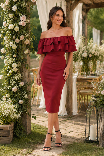 Women's Madonna Collar Flounce Detailed Pencil Burgundy Midi Dress 164