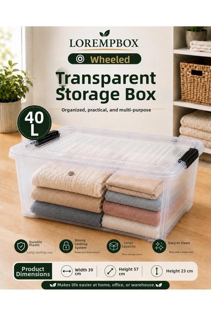 40 Lt Transparent Storage Box with Wheels | Plastic Organizing Box with Lockable Lid | Multi-Purpose Storage Organizer | Single Item
