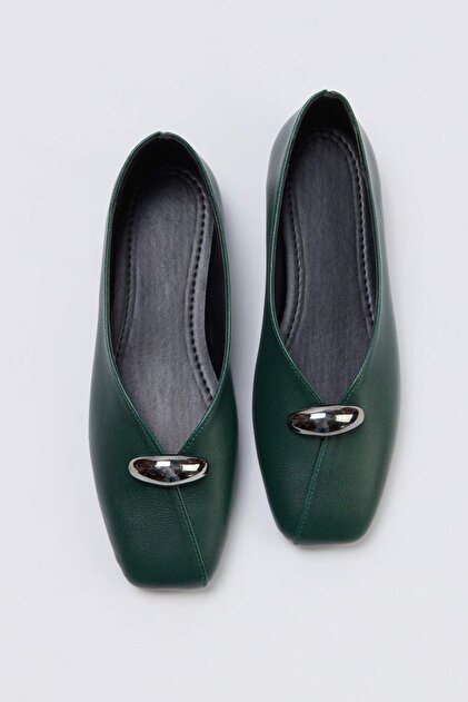 Green Accessory Detail Square Toe Women Ballet Flats
