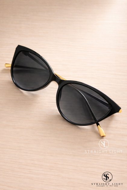 Women's Black Cateye Sunglasses with Thin Gold Metal Hinges Uv400 Protection Stylish Premium Modern Luxury Design