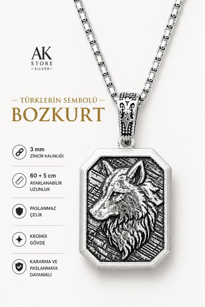 Erkek, Bozkurt, Türk, Türk'ün Sembolü K-108 Paslanmaz Kromix Çelik Gümüş Kaplama Kolye Madalyon