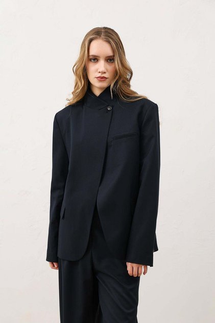 Navy Blue Mock Neck Women's Blazer Jacket