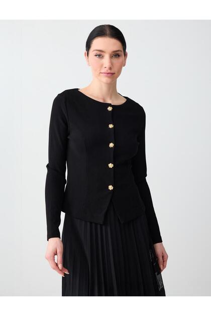 Black Slim Fit Boat Neck Knitted Jacket
