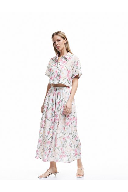 Pleated Detail High-Waist Midi Flared Floral Skirt