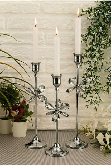 Velno Gümüş Mumluk Dekoratif Şamdan Paslanmaz Kaplama Kristal Taş Detaylı Modern ve Klasik Mum Tutacağı