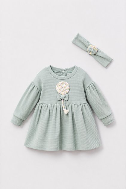 Candy Appliqué Detailed Bandana Water Green Baby Dress