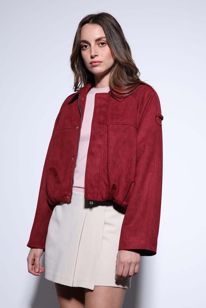 Burgundy Suede Look Bomber Women's Coat