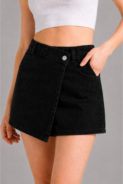 Denim Kot Şort SiYAH Asimetrik Kapamalı Fermuarlı Jeans Şort Etek