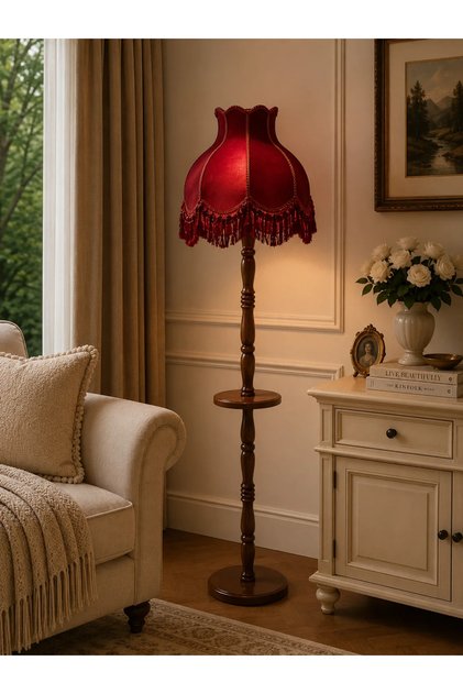 Bordo Kadife Kaplı Püsküllü Başlık Doğal Ahşap Sehpalı Ayaklı Vintage Lambader 170x45cm