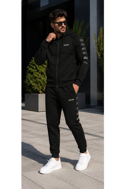 Men's Black Winter Cotton Print Detailed Tracksuit Set
