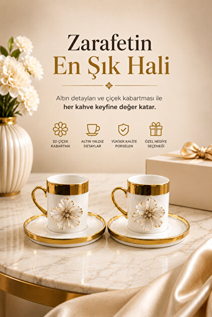 YzHome 6 Kişilik Gold Yaldızlı Porselen Lotus Çiçek Kahve Fincan Takımı ...