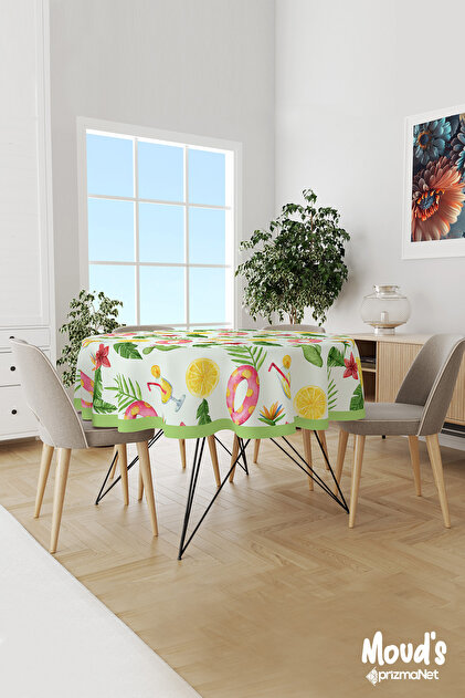 Green Cactus and Lemonade Patterned Round Suede Carefree Tablecloth