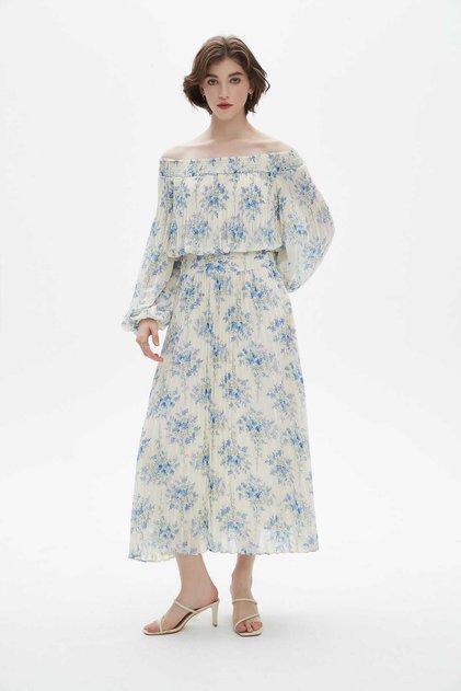 Floral Off-Shoulder Long Sleeve Midi Dress