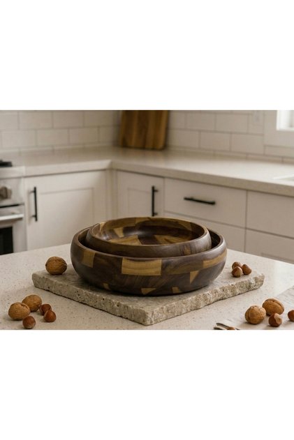 Set of 2 Natural Acacia Wood Serving Bowls 20 cm - 25 cm