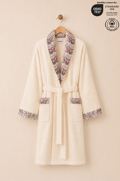 Fiore Women's Bathrobe 100% Certified Cotton, 1 Piece, Floral Patterned Shawl Collar Bathrobe / Dressing Gown - Cream