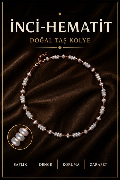 İnci- Hematit Doğal Taş Gümüş Kolye