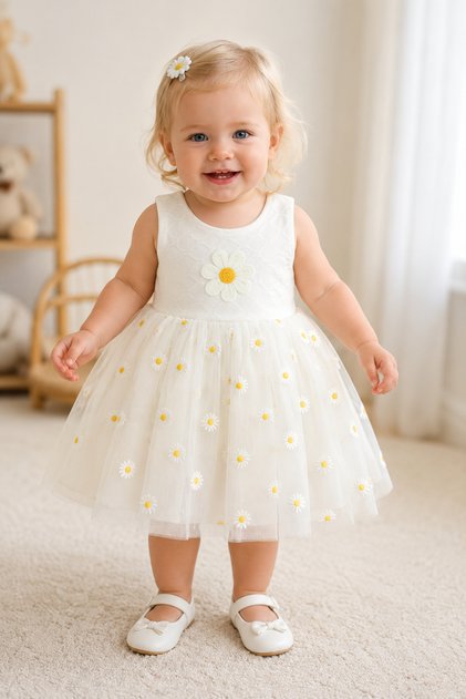 Daisy Embroidered Tulle Snap Fastener Bodysuit Dress (100% Cotton) 6-24
