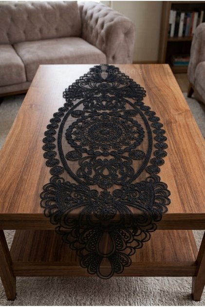 Fransız Dantelli Örme Tabanlı Tek Runner Masa Örtüsü 35x110 Cm Masaörtüsü