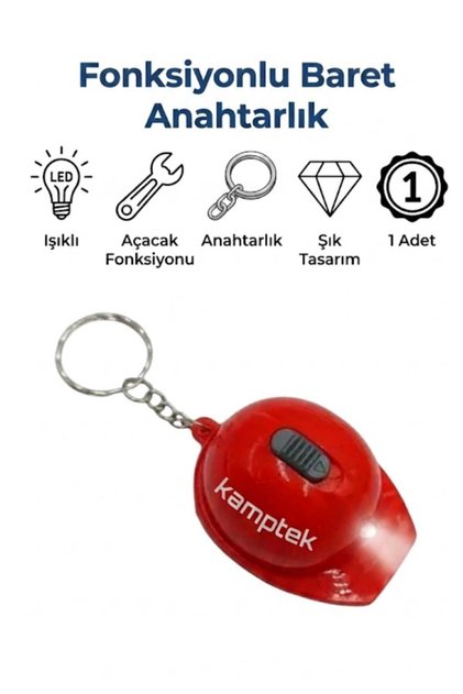 Baret Tasarım Anahtarlık Açacak Fonksiyonlu Işıklı Tasarım Anahtarlık Baret Kırmızı