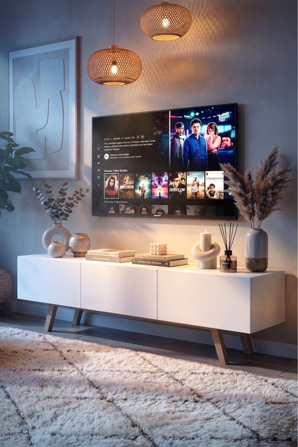 Yurudesign Pulse Tv Ünitesi 3 Kapaklı 180cm Ahşap Ayaklı Beyaz Pu1