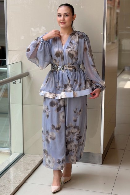 Beli Stone-Embellished Blouse and Patterned Chiffon Trousers Set