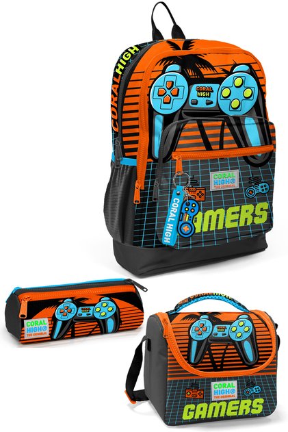Kids Gray Orange Gamer Patterned 3-Piece School Bag Set SET0123746
