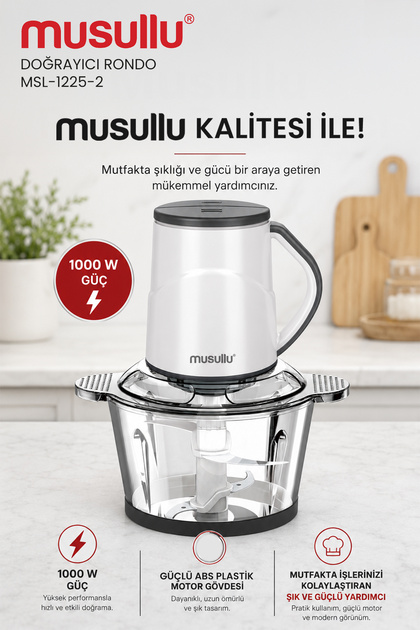 Meat Max MSL-1225-2 2 Lt Paslanmaz Çelik 4 Bıçaklı Doğrayıcı Chopper Rondo (Sarımsak Soyma Aparatlı) 1000w