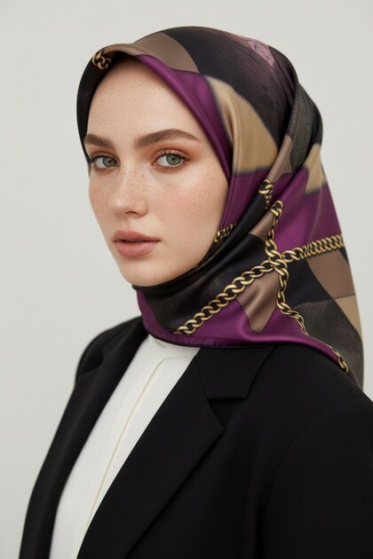 % 57 İPEK % 43 VİSKON Twill İpek Taş Efekti Desenli Mürdüm - Siyah Renkli 90x90 Eşarp Dikim Şekli :