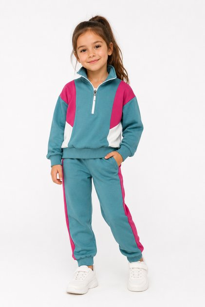 Girl's Half Zipper Model Color Block Green Color Tracksuit Set
