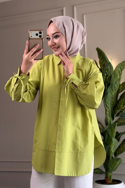 8511 - Poplin Pileli Gizli Düğmeli Kadın Gömlek