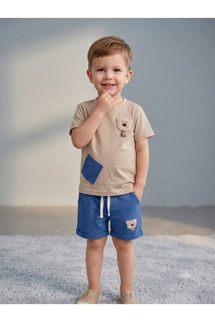 Top-Bottom Set with Teddy Bear Detail, Flexible and Comfortable Children's Set, T-Shirt + Shorts, Ages 1-4