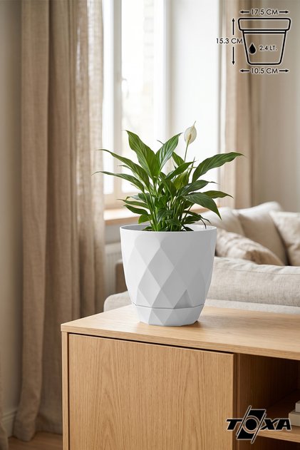 Geometrik Desenli Tabaklı 17,5x15,3 cm 2.4 lt No 3 Orta Boy Dekoratif Plastik Saksı Beyaz
