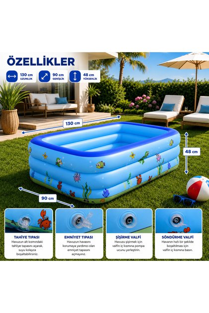 Şişme Çocuk Havuzu Dikdörtgen Havuz 3 Boğumlu 130x90x50cm Pompalı
