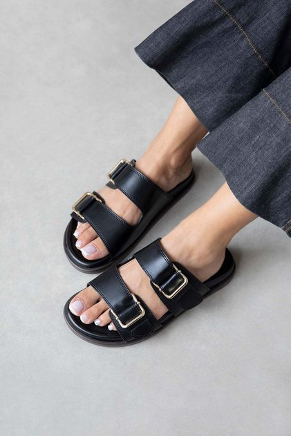 Axel Women's Buckle Detail Daily Comfort Leather Slippers Black