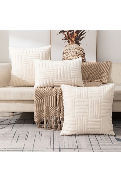 450mm*450mm Beige 1pc Boho Faux Fur Plush Throw Pillow Covers, Cream White, Luxury SoftFluffy Decora