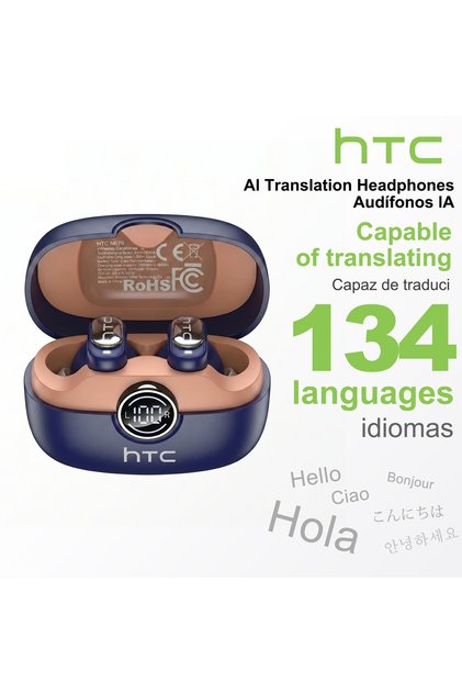 blue AI HTC NE79 TWS Wireless Bluetooth Earphones: AI Translator Earbuds Noise Cancellation Long Bat