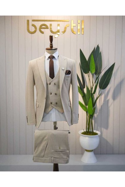 Sivri Yaka Krem Yelekli Takım Elbise Elanor- Slim Fit