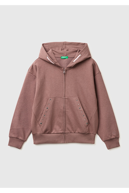 Kız Çocuk Kahverengi Taş İşlemeli Kanguru Cepli Fermuarlı Kapüşonlu Sweatshirt