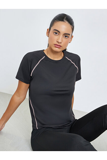 Black Contrast Stitch Detail Short Sleeves Top