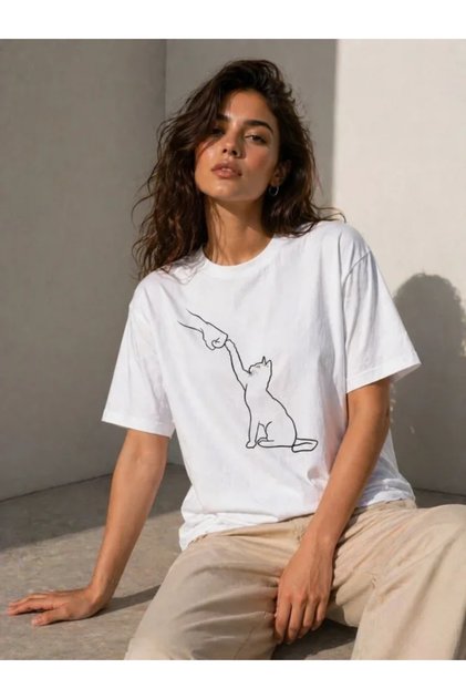 Minimal cat print short sleeve summer t-shirt - white