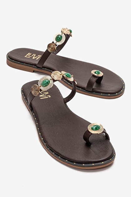 Martinez Brown Buckle Genuine Leather Women's Flip Flops