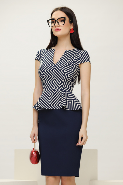 Rochie bleumarin imprimeu labirint conica cu peplum elegant