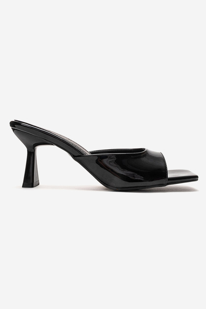 Women's Square-Toe Thin Heeled Black Patent Leather Faux Leather Slippers | Stylish & Comfortable Mules Shoes