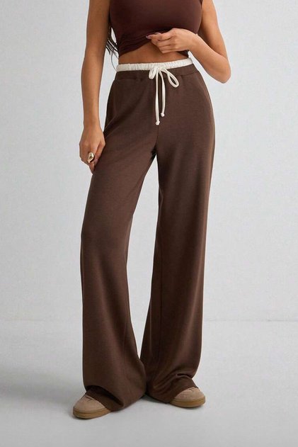 Belt Detailed High Waist Wide Leg Comfortable Casual Stylish Women's Sweatpants